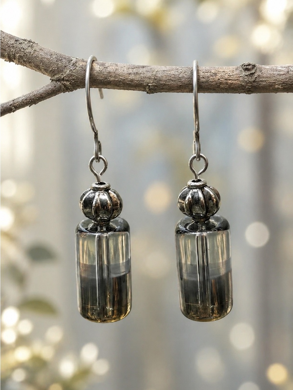 Smoky Metallic Glass Cylinder Dangle Earrings, Artisan Boho Jewelry